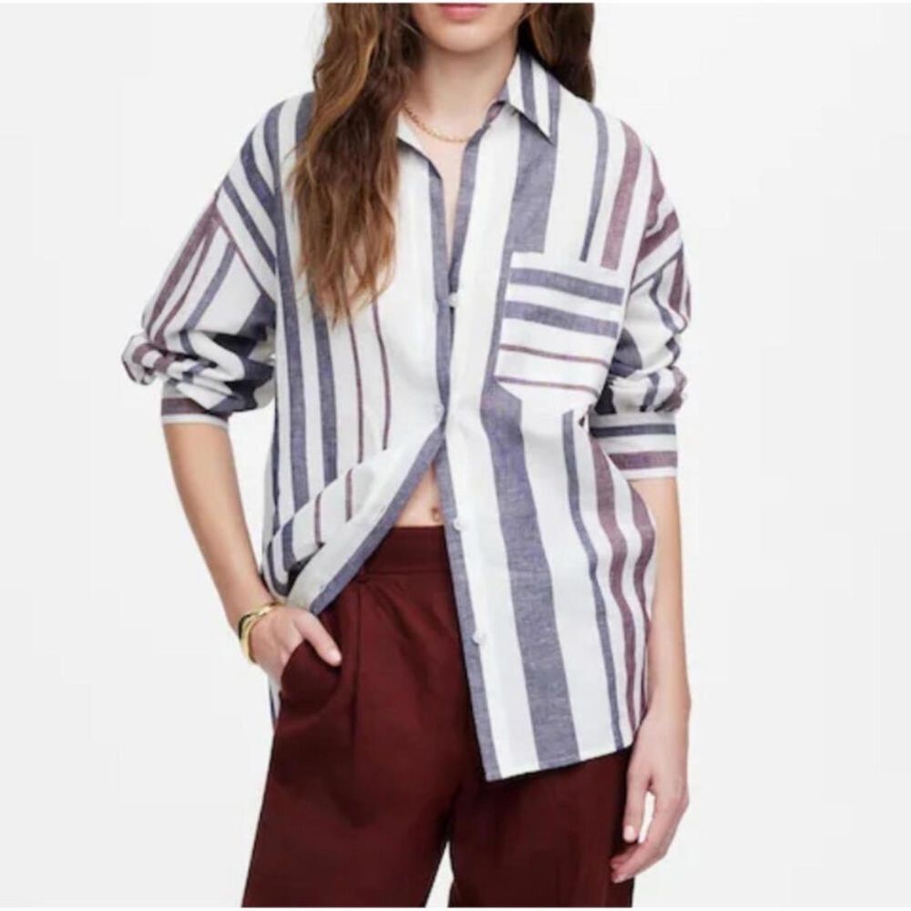 Madewell Shirred Button Up Shirt Linen Striped Top Womens Small Coastal Breezy